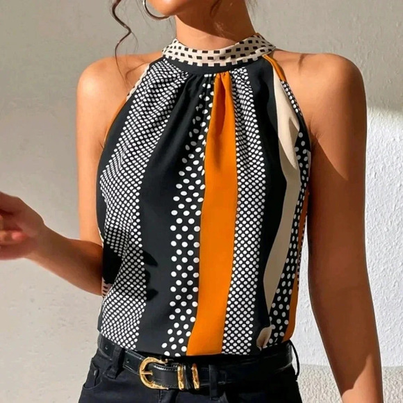 Polka Dot Print Key Hole Back Halter Neck Blouse - Picture 4 of 4